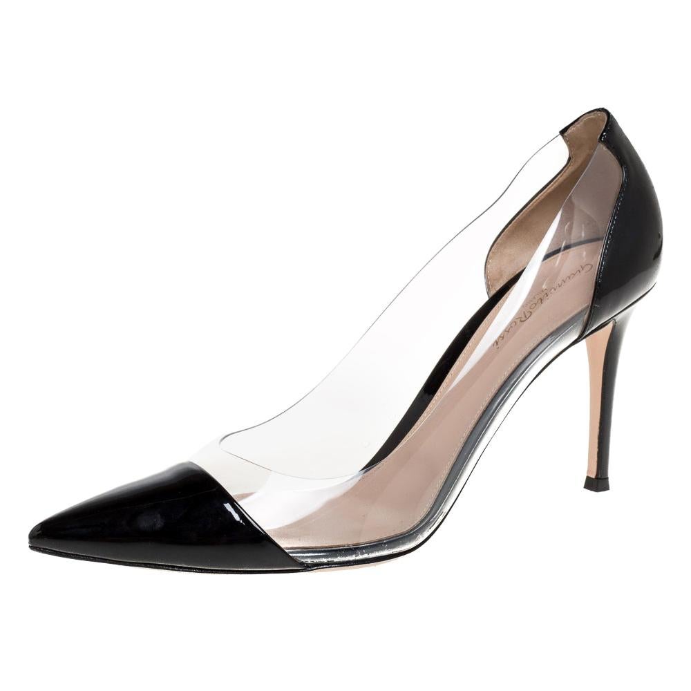 Gianvito Rossi Black Patent Leather And PVC Plexi Pointed Toe Pumps Size 41