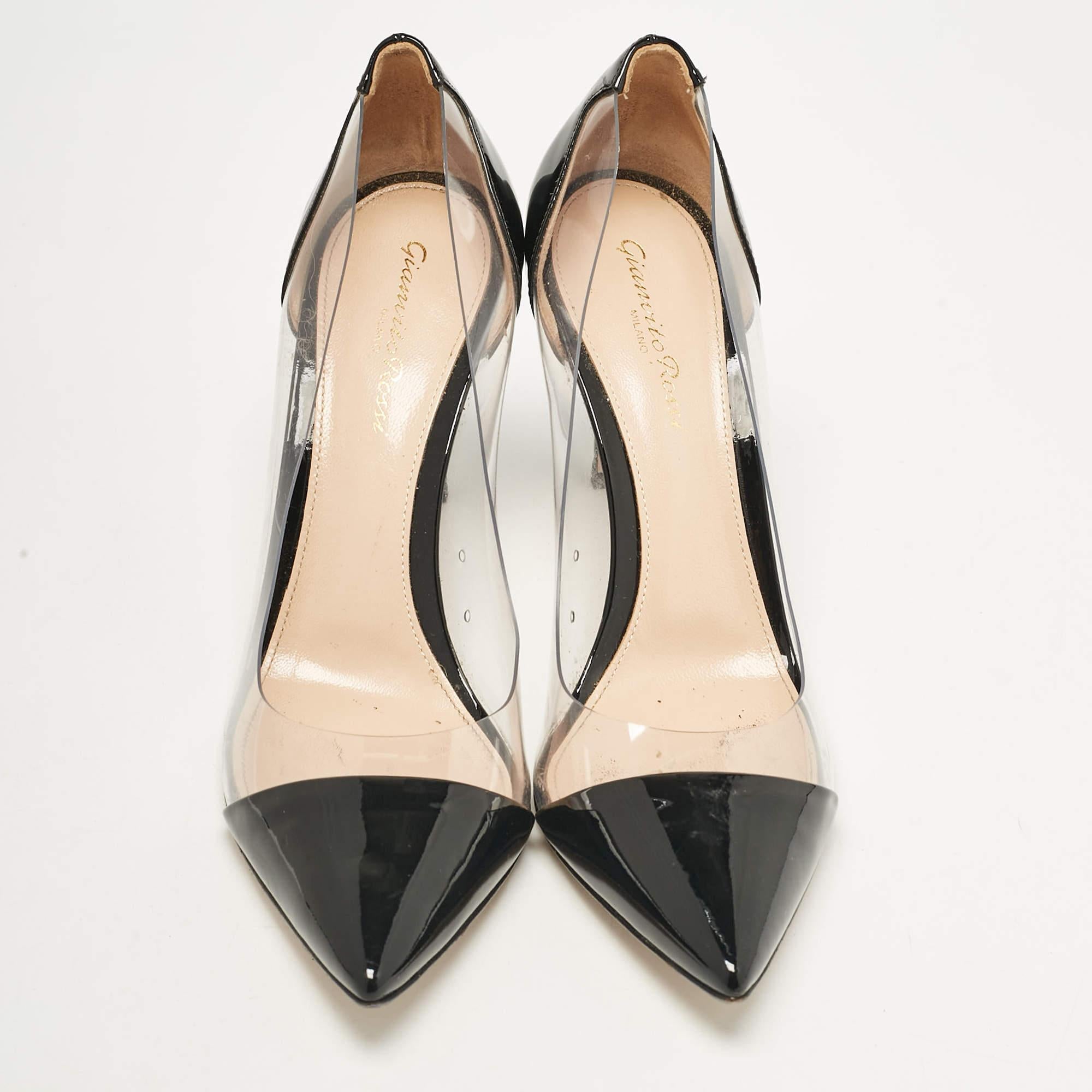 Beige Gianvito Rossi Black Patent Leather and PVC Plexi Pumps 37.5