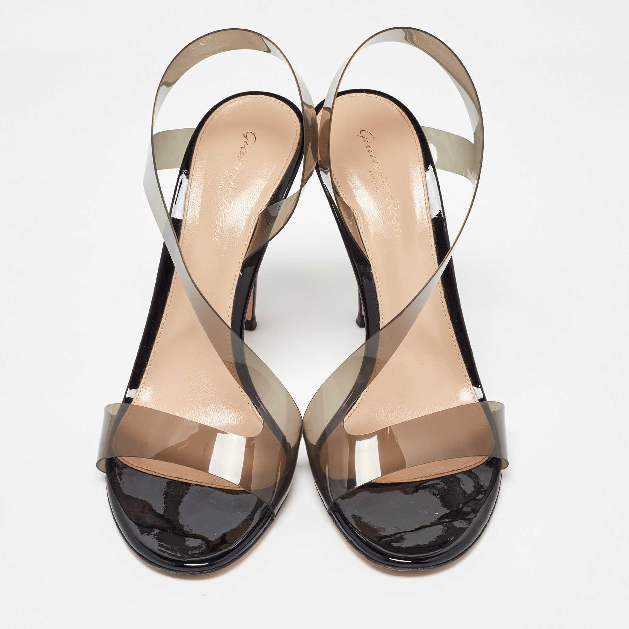 Brown Gianvito Rossi Black PVC Metropolis Slingback Sandals Size 40 For Sale