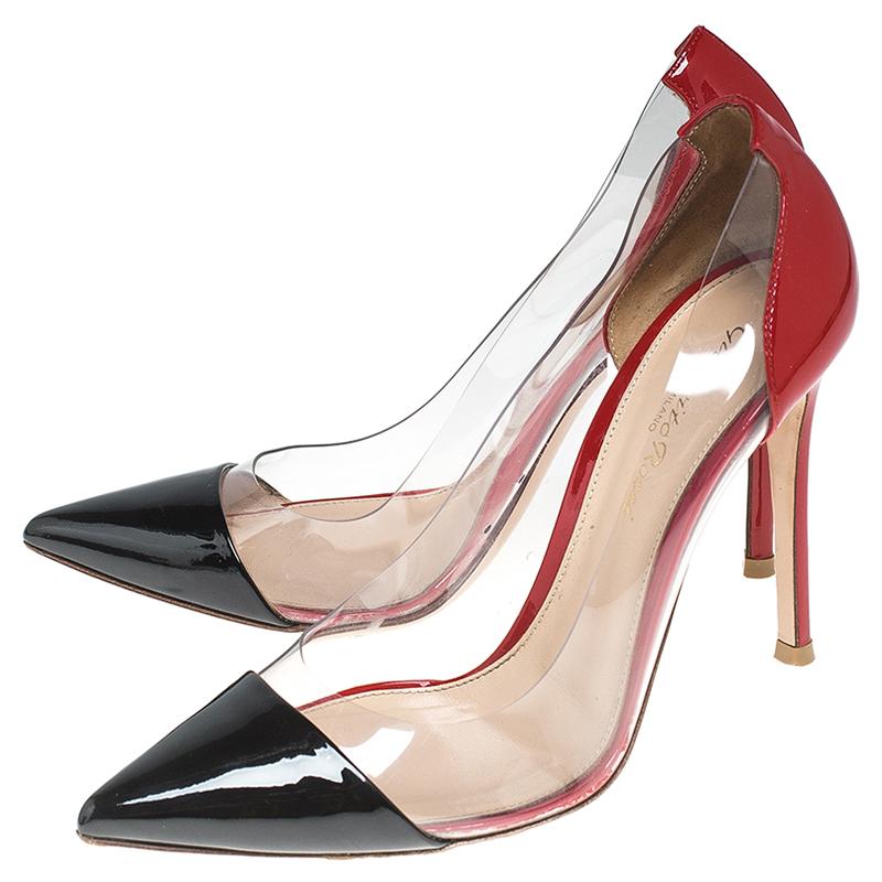 Gianvito Rossi Black/Red Patent Leather And PVC Plexi Pointed Toe Pumps Size 37 In Good Condition In Dubai, Al Qouz 2