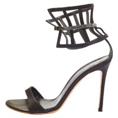 Gianvito Rossi Black Satin Crystal Embellished Ankle Strap Sandals Size 37.5
