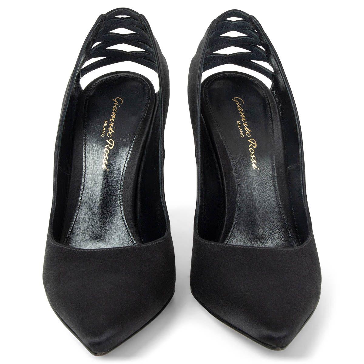 100% authentic Gianvito Rossi pointed-toe pumps in black satin with lacing detail at the heel. Have been worn once and are in excellent condition. 

Measurements
Imprinted Size	37
Shoe Size	37
Inside Sole	24cm (9.4in)
Width	7cm (2.7in)
Heel	10cm