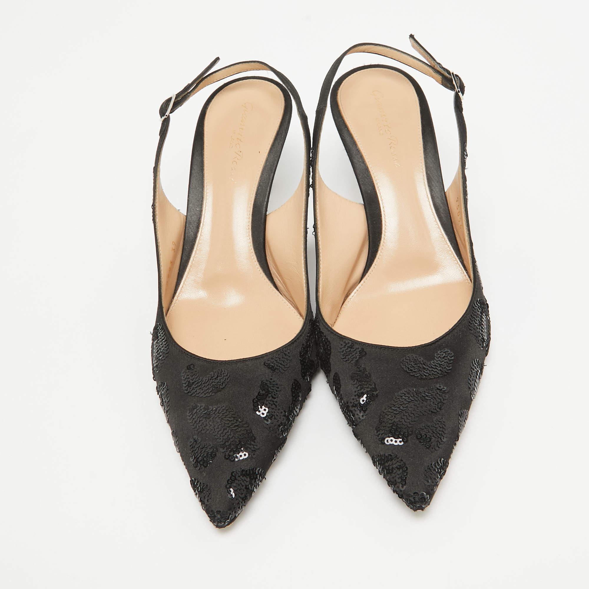Gianvito Rossi Black Satin Sequins Embellished Slingback Pumps Size 39 In Good Condition In Dubai, Al Qouz 2