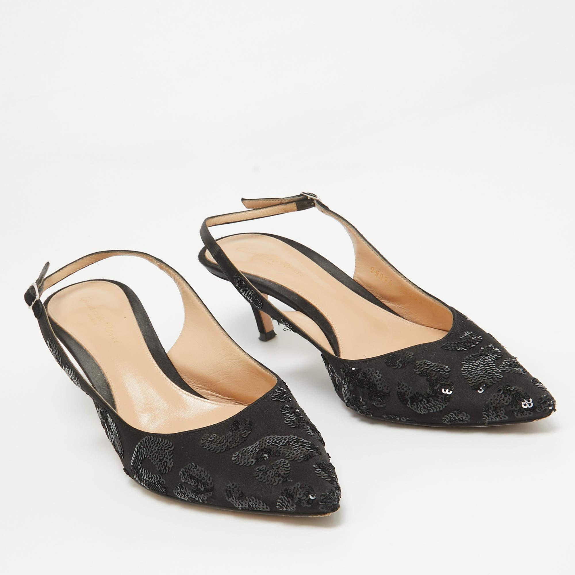 Women's Gianvito Rossi Black Satin Sequins Embellished Slingback Pumps Size 39