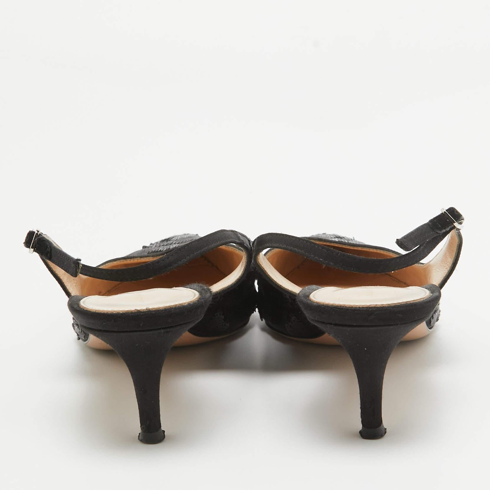Gianvito Rossi Black Satin Sequins Embellished Slingback Pumps Size 39 1
