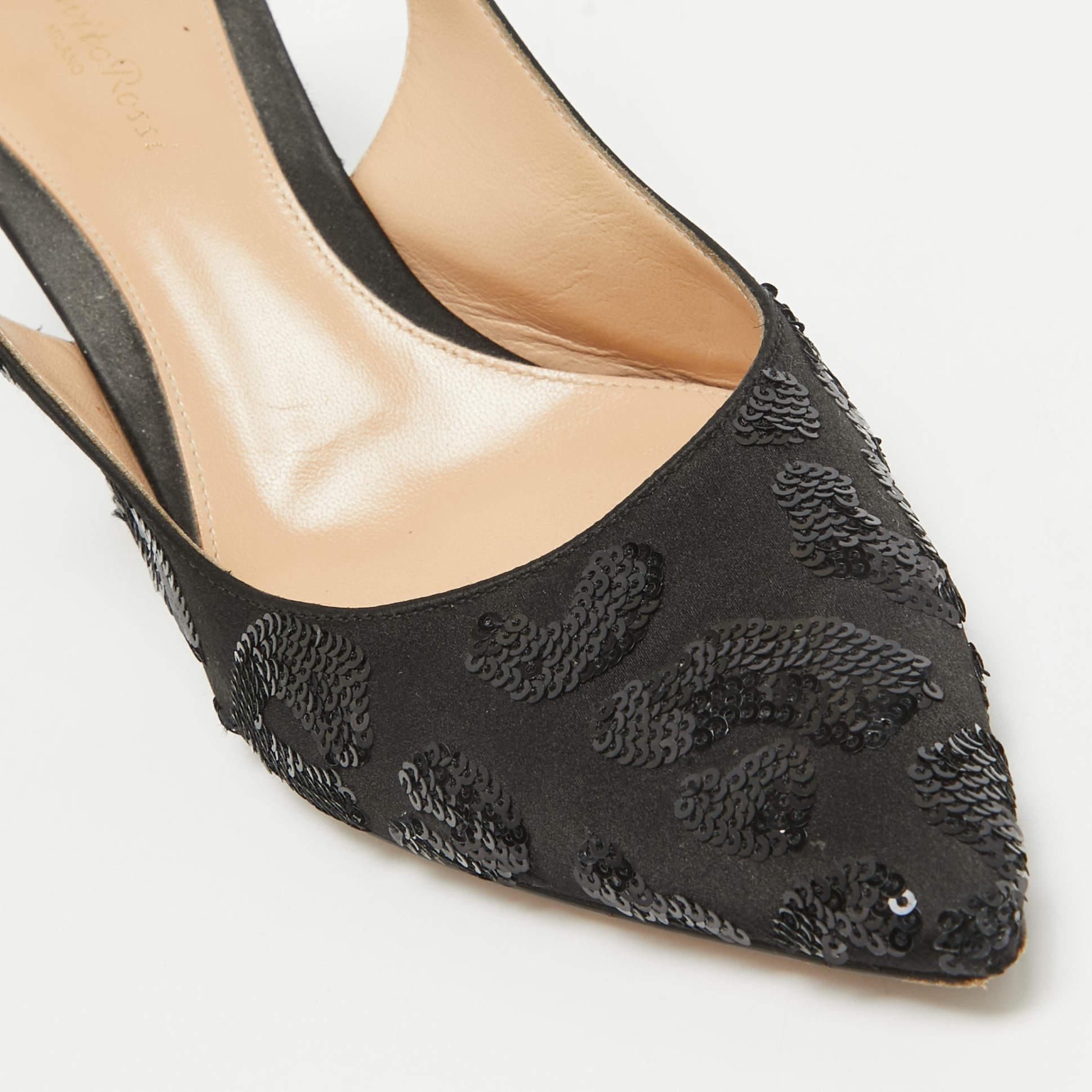 Gianvito Rossi Black Satin Sequins Embellished Slingback Pumps Size 39 3