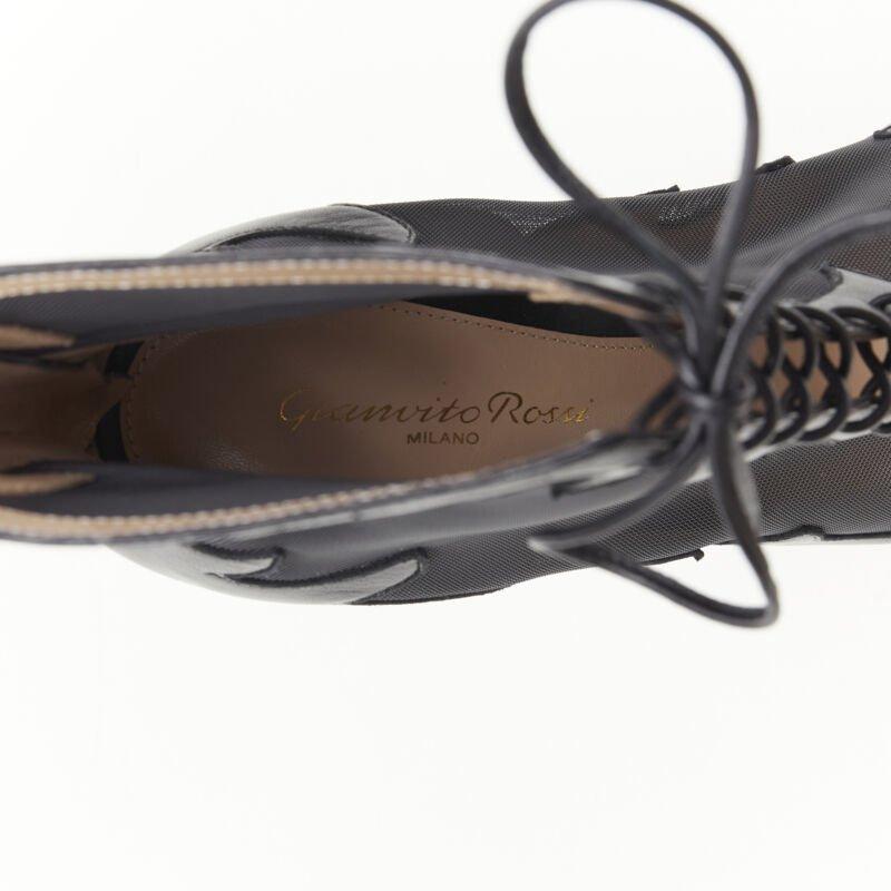 GIANVITO ROSSI black sheer flame leather peep toe lace up ankle bootie EU38 For Sale 6