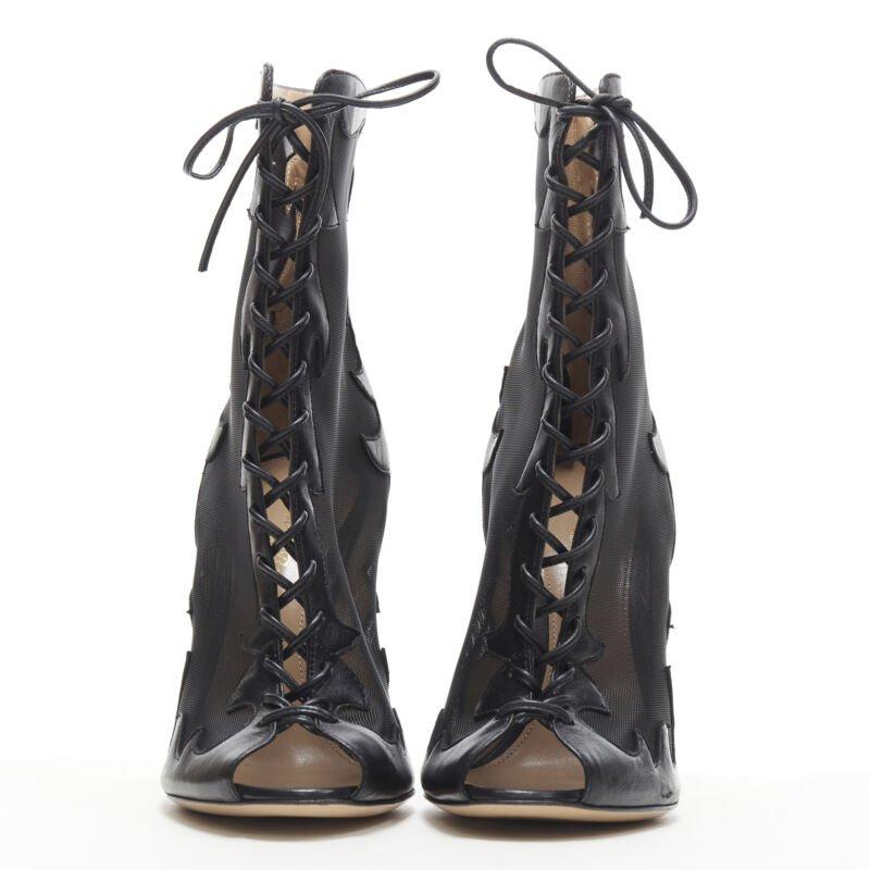 Black GIANVITO ROSSI black sheer flame leather peep toe lace up ankle bootie EU38 For Sale
