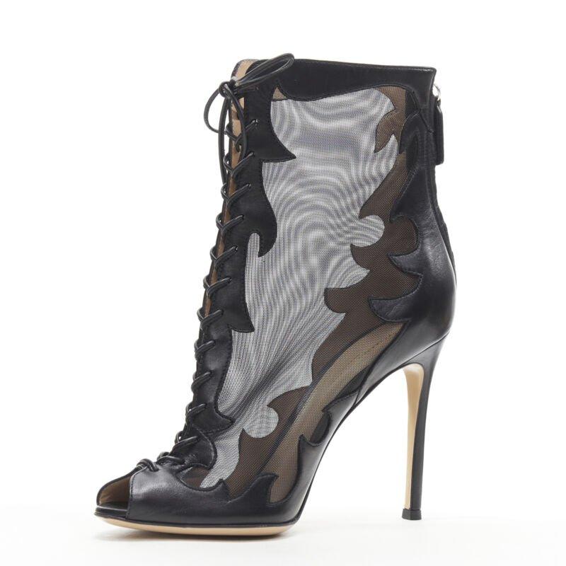 GIANVITO ROSSI black sheer flame leather peep toe lace up ankle bootie EU38 In New Condition For Sale In Hong Kong, NT