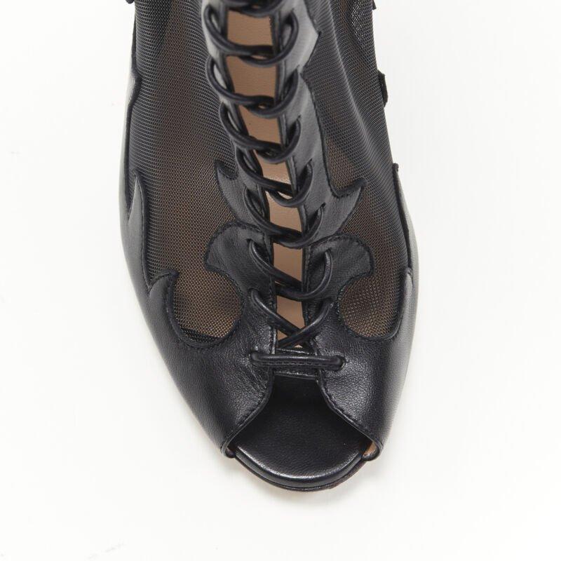 GIANVITO ROSSI black sheer flame leather peep toe lace up ankle bootie EU38 For Sale 2