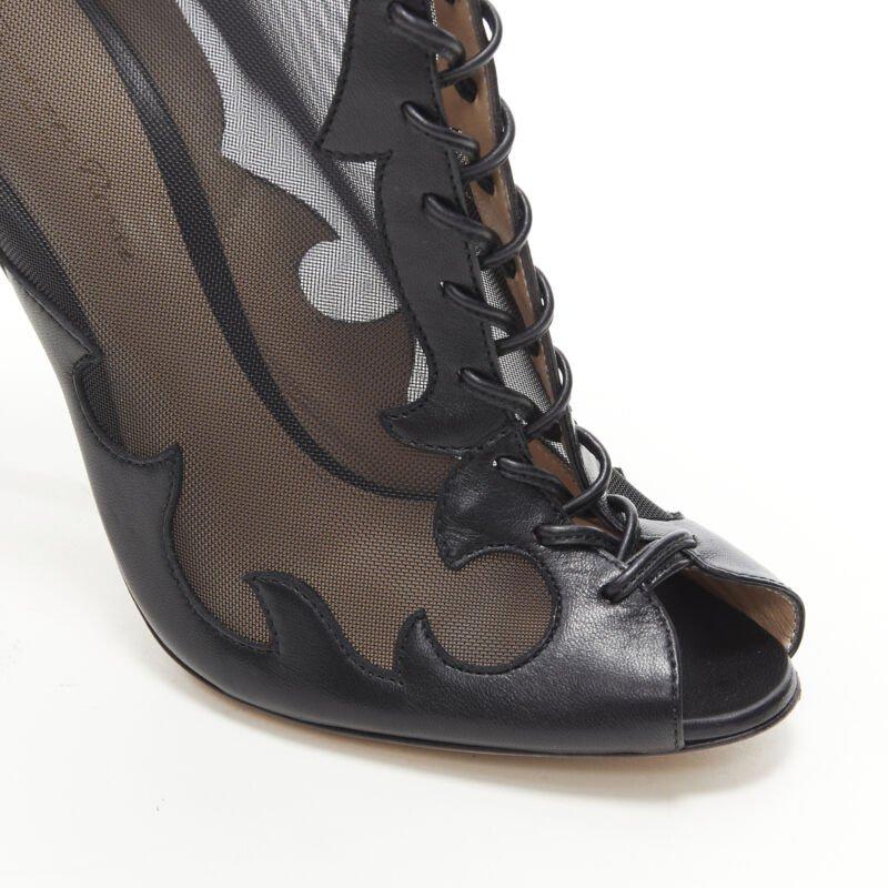 GIANVITO ROSSI black sheer flame leather peep toe lace up ankle bootie EU38 For Sale 3