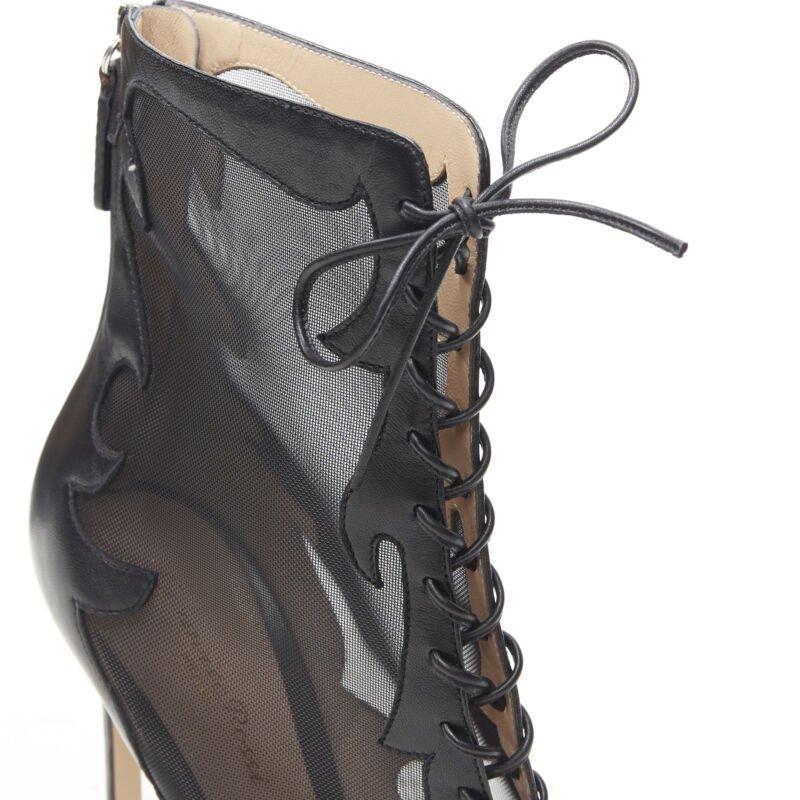 GIANVITO ROSSI black sheer flame leather peep toe lace up ankle bootie EU38 For Sale 4
