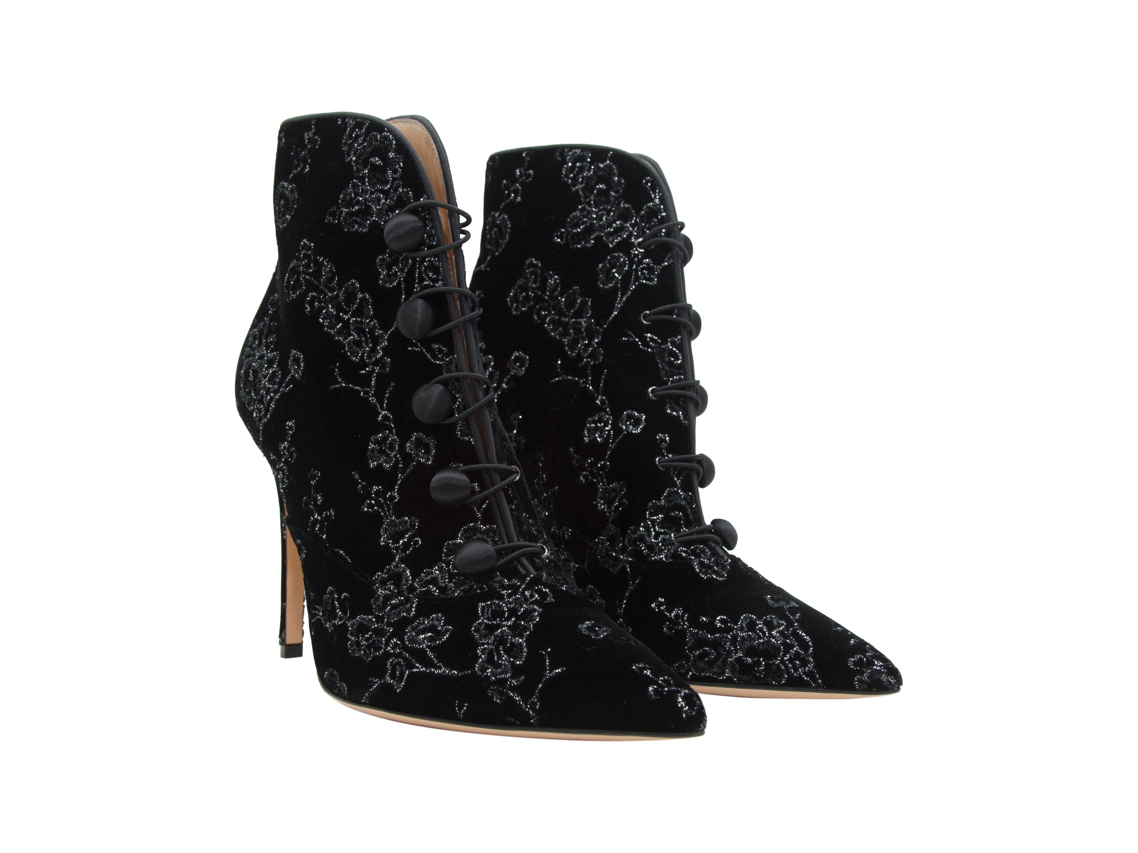 Gianvito Rossi Black & Silver Floral Suede Ankle Boots In Excellent Condition In New York, NY
