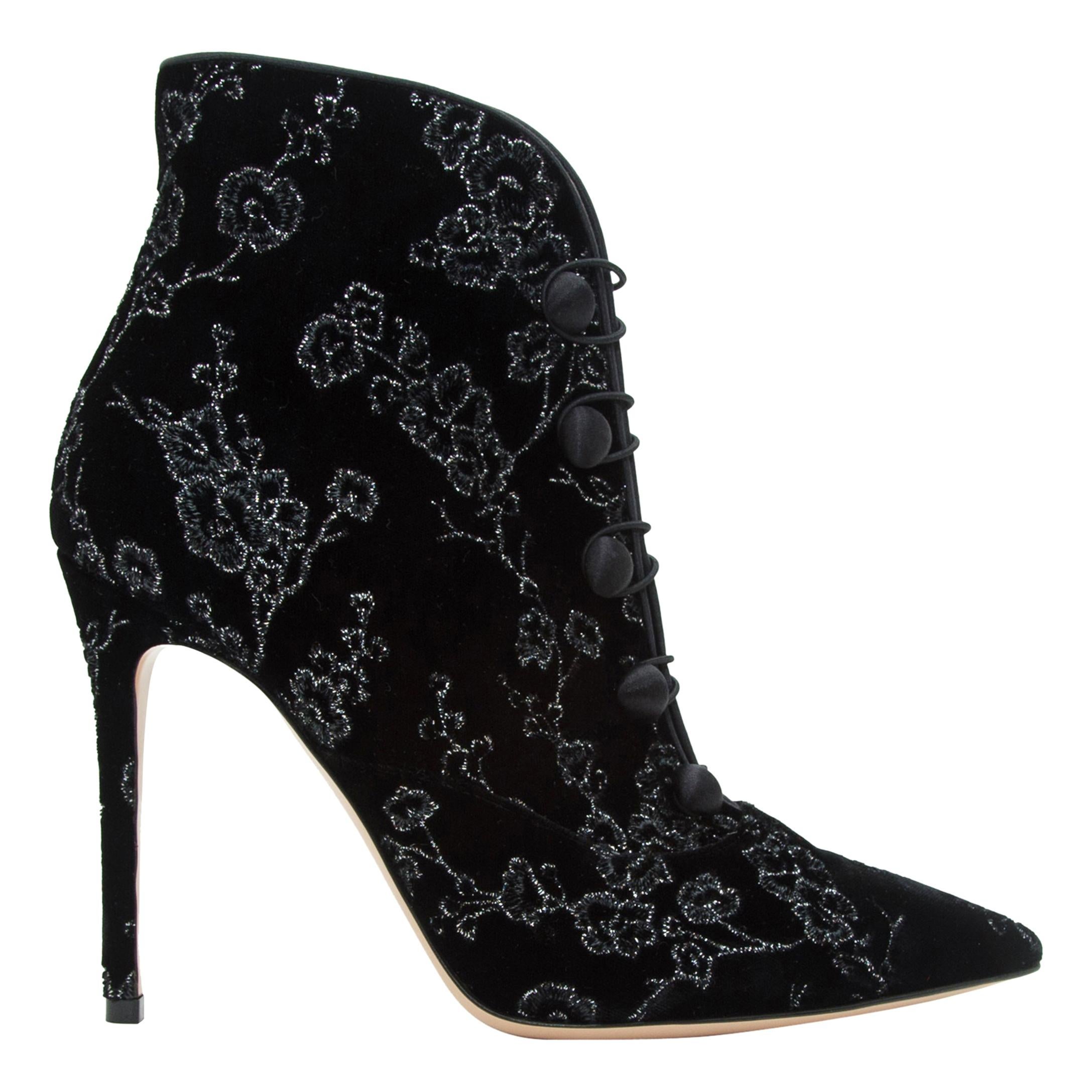 Gianvito Rossi Black & Silver Floral Suede Ankle Boots