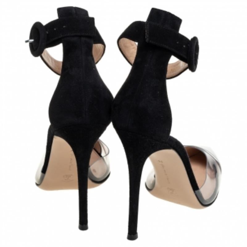 Gianvito Rossi Black/Silver Suede And PVC Ankle Strap Sandals Size 39 In Good Condition For Sale In Dubai, Al Qouz 2