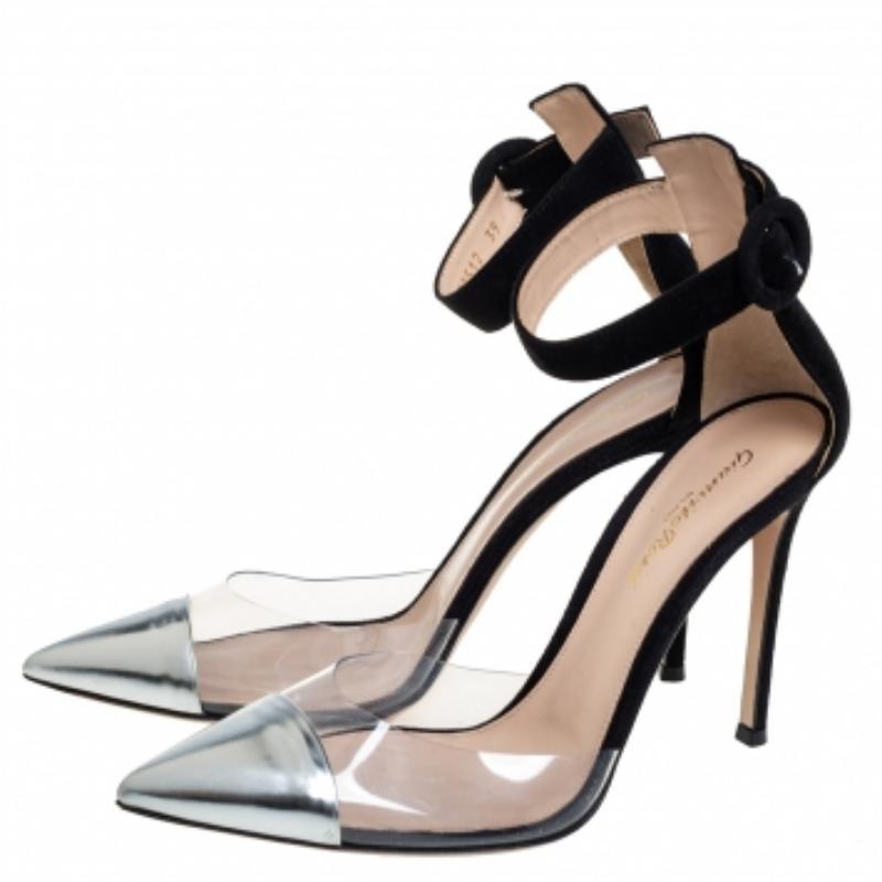 Women's Gianvito Rossi Black/Silver Suede And PVC Ankle Strap Sandals Size 39 For Sale