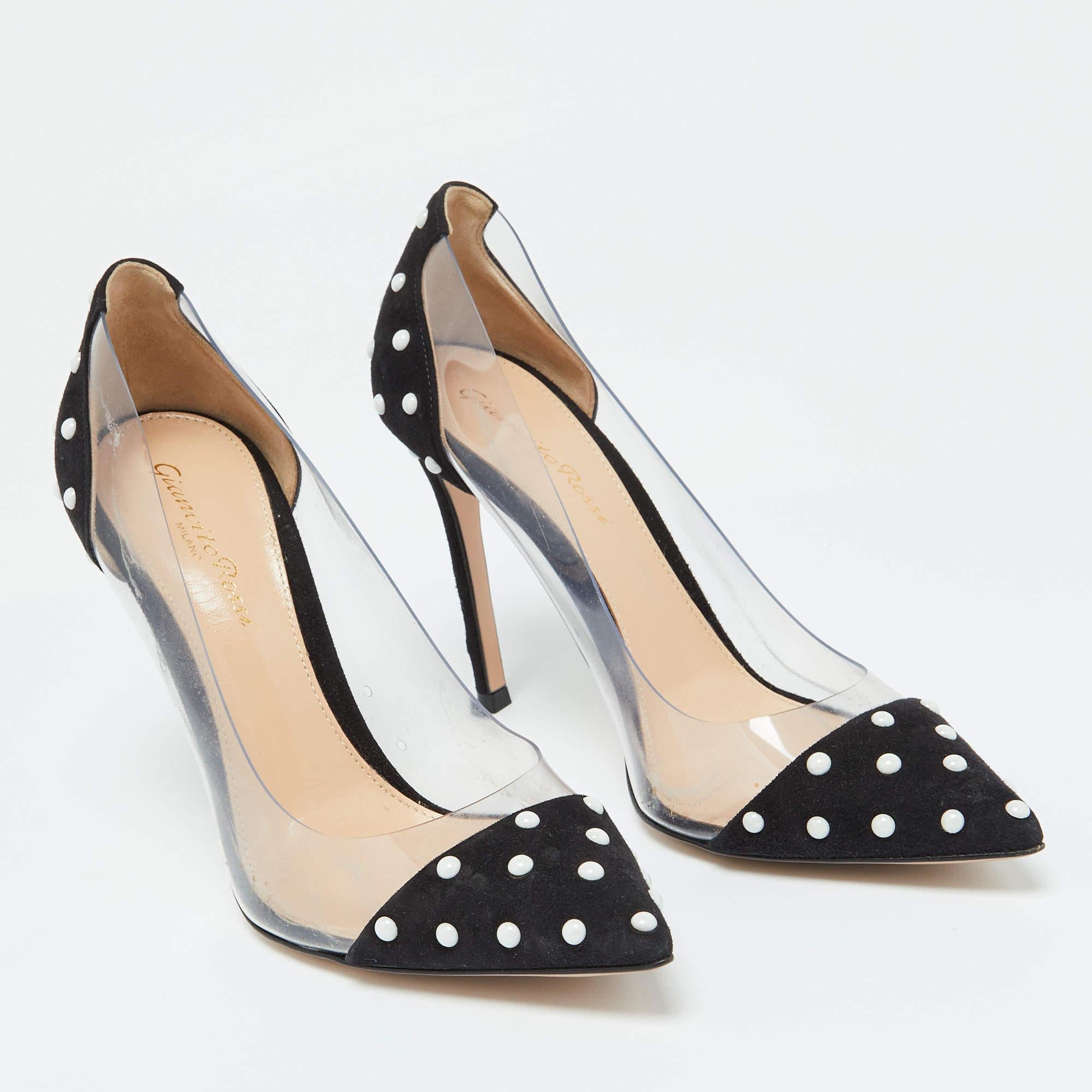 Women's Gianvito Rossi Black Studded Suede and PVC Plexi Pumps Size 36 For Sale