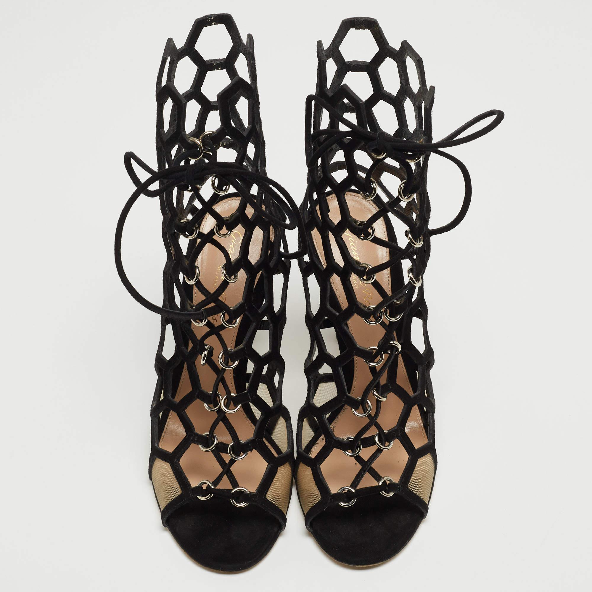Gianvito Rossi Black Suede and Mesh Cut Out Sandals Size 36 In Good Condition In Dubai, Al Qouz 2