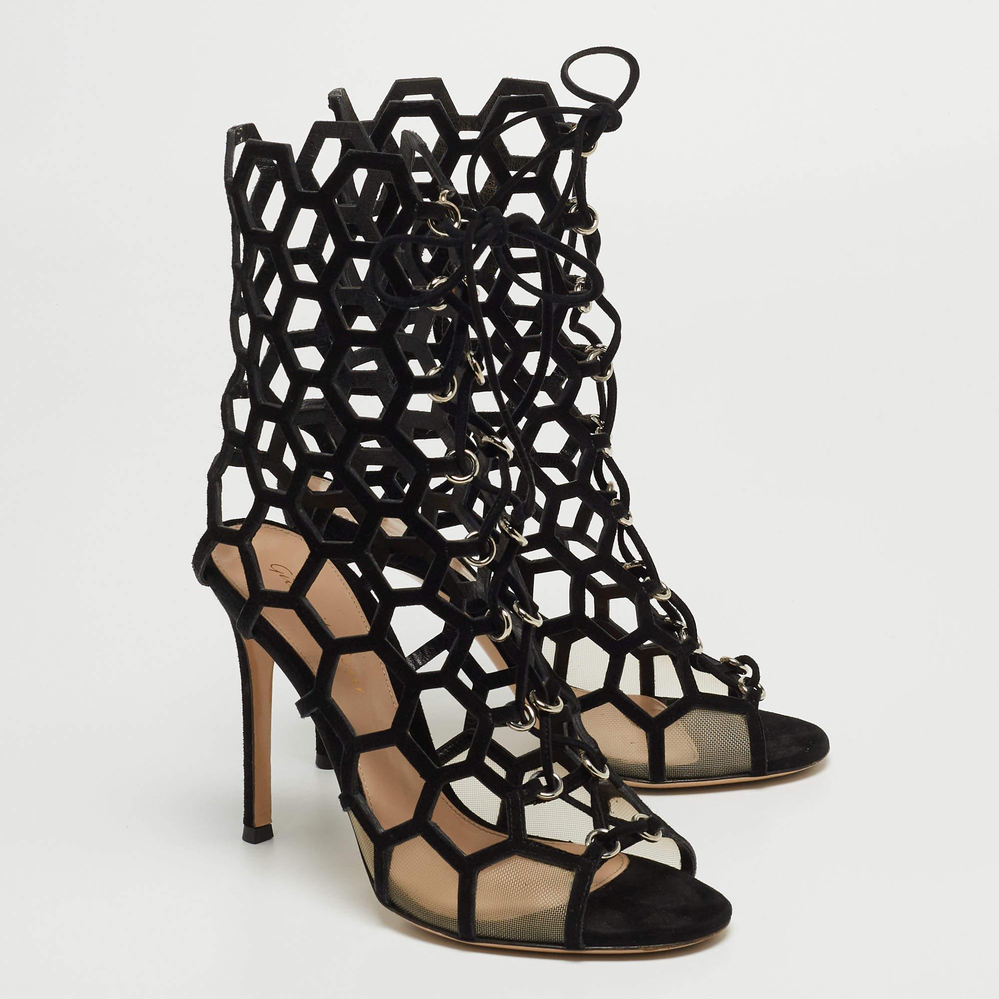 Women's Gianvito Rossi Black Suede and Mesh Cut Out Sandals Size 36