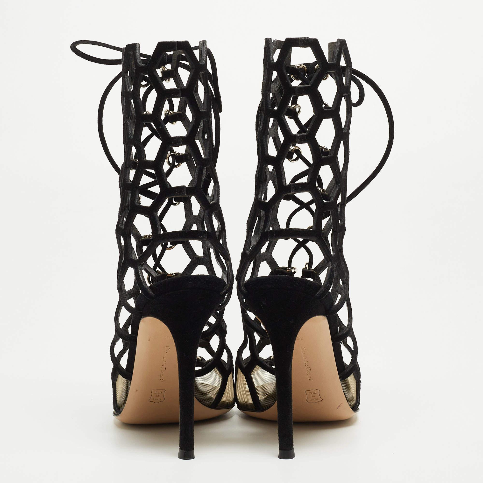 Gianvito Rossi Black Suede and Mesh Cut Out Sandals Size 36 1