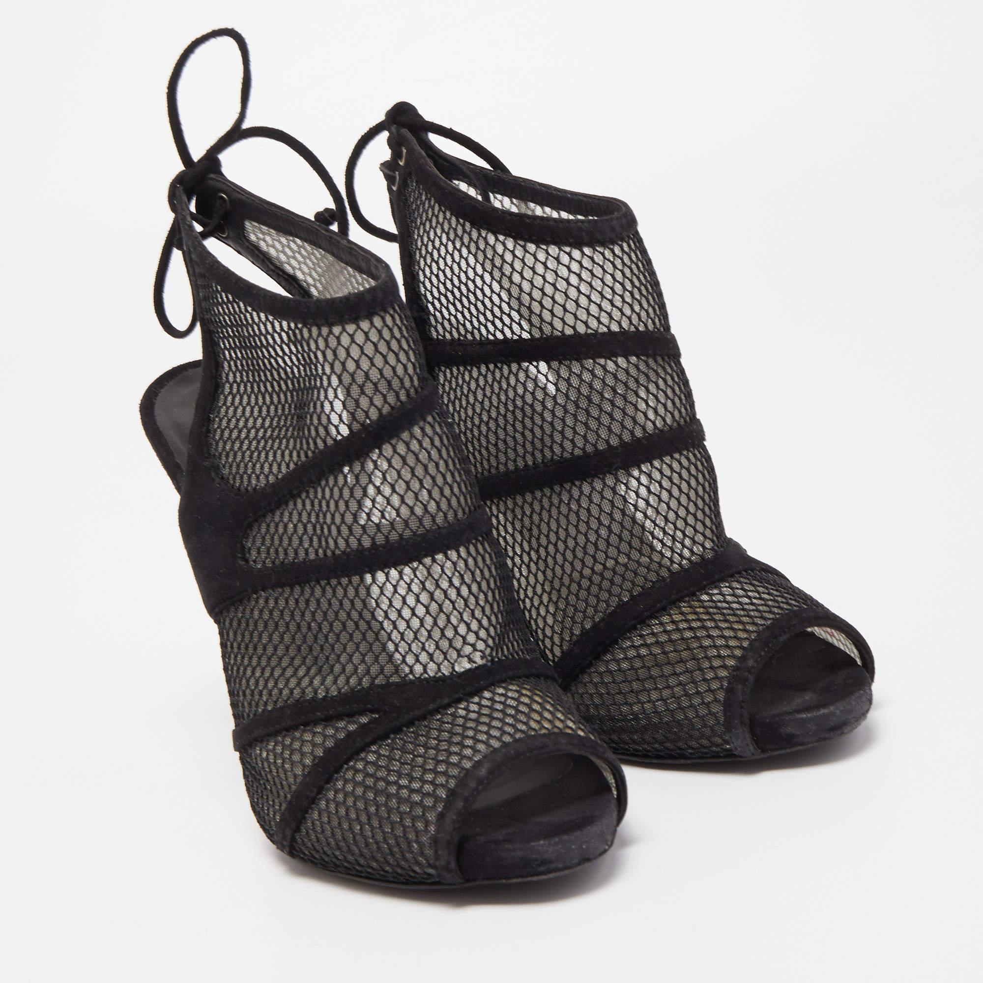 Women's Gianvito Rossi Black Suede and Mesh Peep Toe Ankle Sandals Size 37.5 For Sale