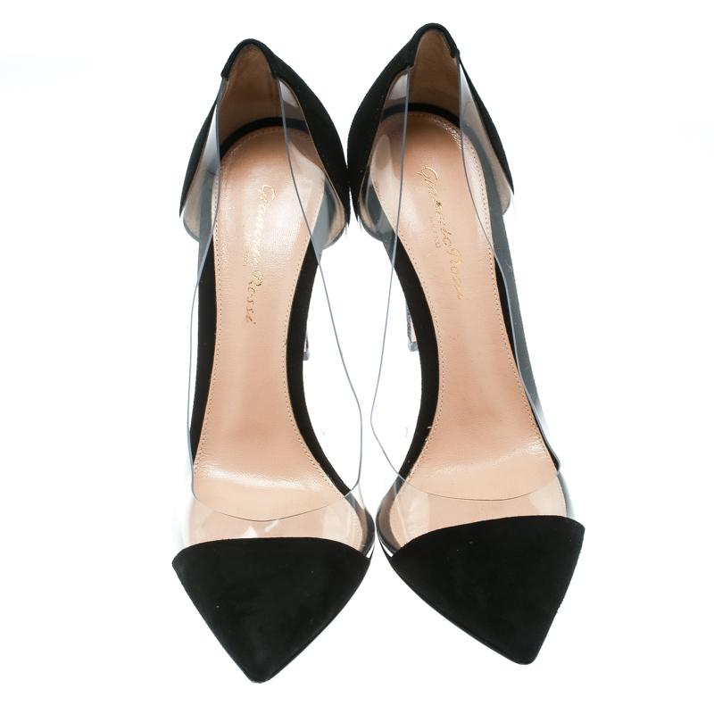 Look elegant and elated in this pair of delightful pumps, designed from suede and PVC. Splendid for all seasons, this pair of Gianvito Rossi footwear would match well with all types of dresses. Have a fab day out with your friends while flaunting