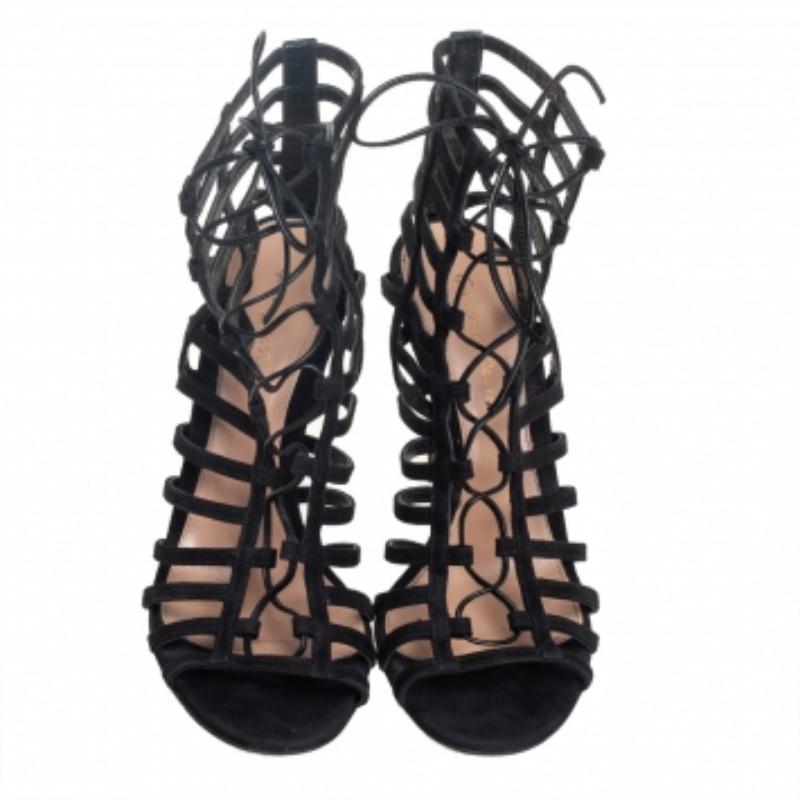 Women's Gianvito Rossi Black Suede Caged Lace Up Sandals Size 39 For Sale