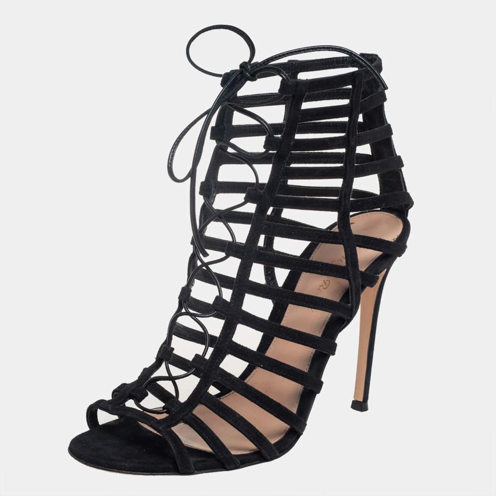 Women's Gianvito Rossi Black Suede Caged Lace Up Sandals Size 39 For Sale