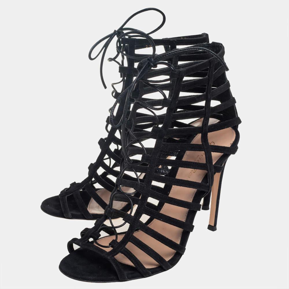Gianvito Rossi Black Suede Caged Lace Up Sandals Size 39 For Sale 2