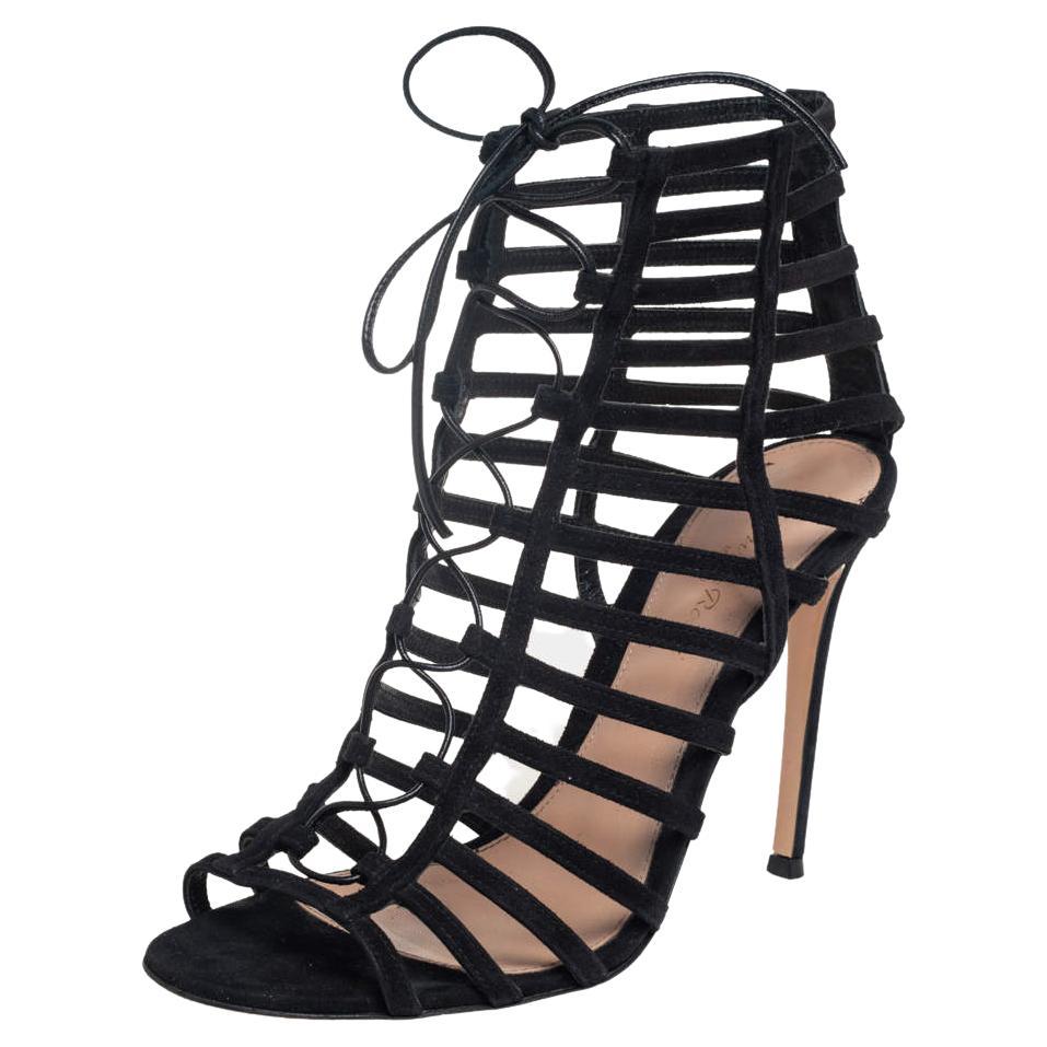 Gianvito Rossi Black Suede Caged Lace Up Sandals Size 39 For Sale