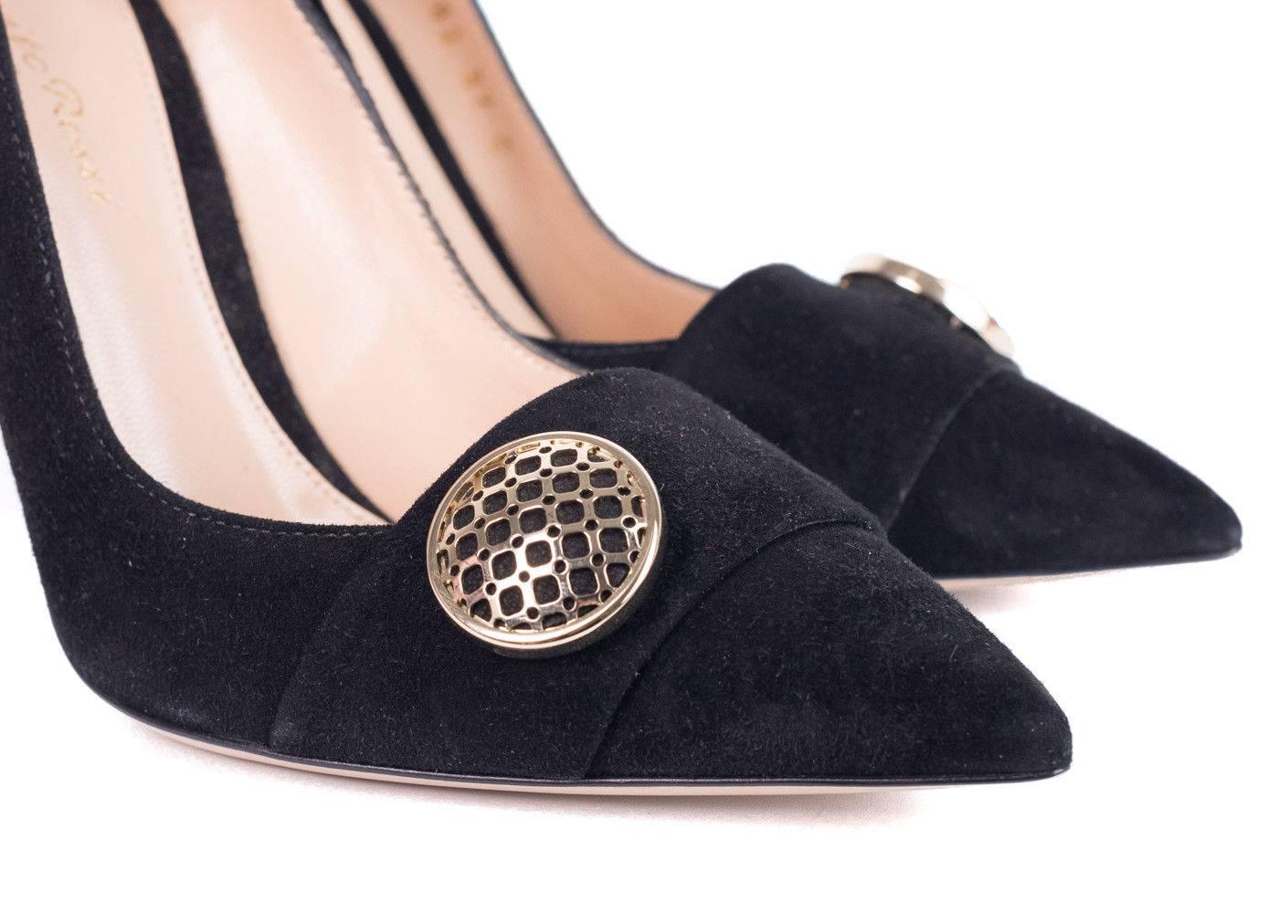 Women's Gianvito Rossi Black Suede Embellished Button Pointed Toe Pumps For Sale