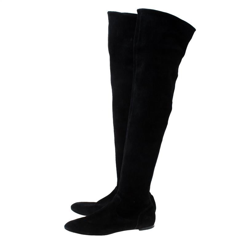 Women's Gianvito Rossi Black Suede Felder Flat Cuissard Over the Knee Boots Size 40