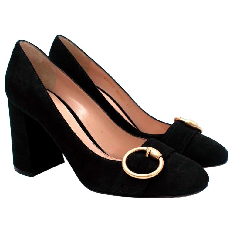Gianvito Rossi Black Suede Gold-Tone Buckle Block Heel Pumps - US 6.5 For Sale