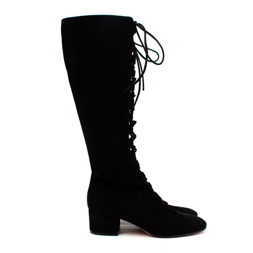 Gianvitto Rossi Black Suede Lace Front Blocked Heeled Knee Boots
 

 - Soft black suede upper, and low suede-covered block heel
 - Lace-up front with round toe, and low vamp allowing the foot and calf to peek through the decorative lacing
 -