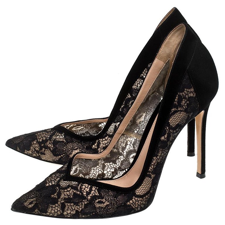 Gianvito Rossi Black Suede/Lace Pointed Toe Pumps Size 40.5 For Sale at