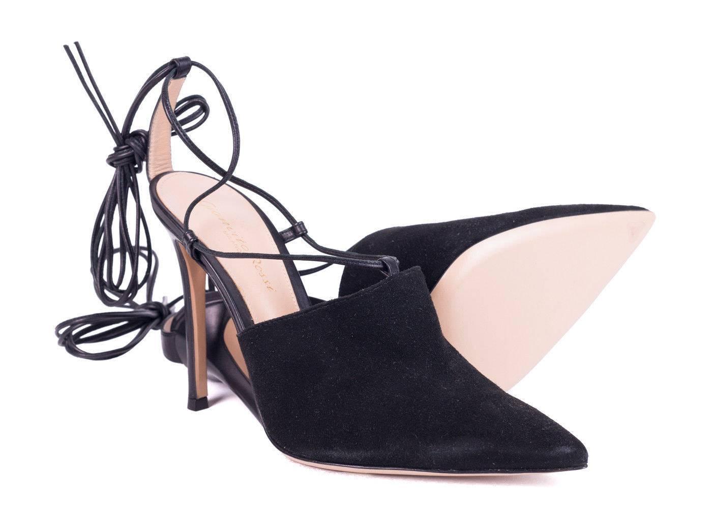 Gianvito Rossi Black Suede Lace Up High Vamp Pointed Toe Mule For Sale 1