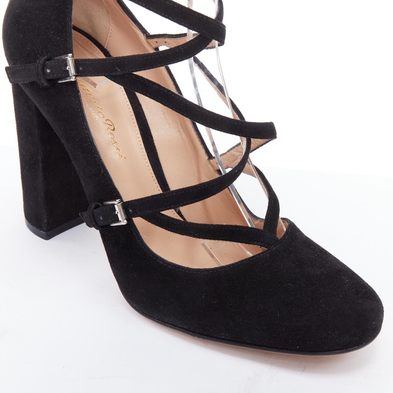 GIANVITO ROSSI noir daim cuir criss cross strappy block heels EU38 en vente 2