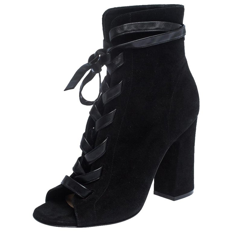 Gianvito Rossi Black Suede Leather Lace Up Open Toe Ankle Booties Size ...