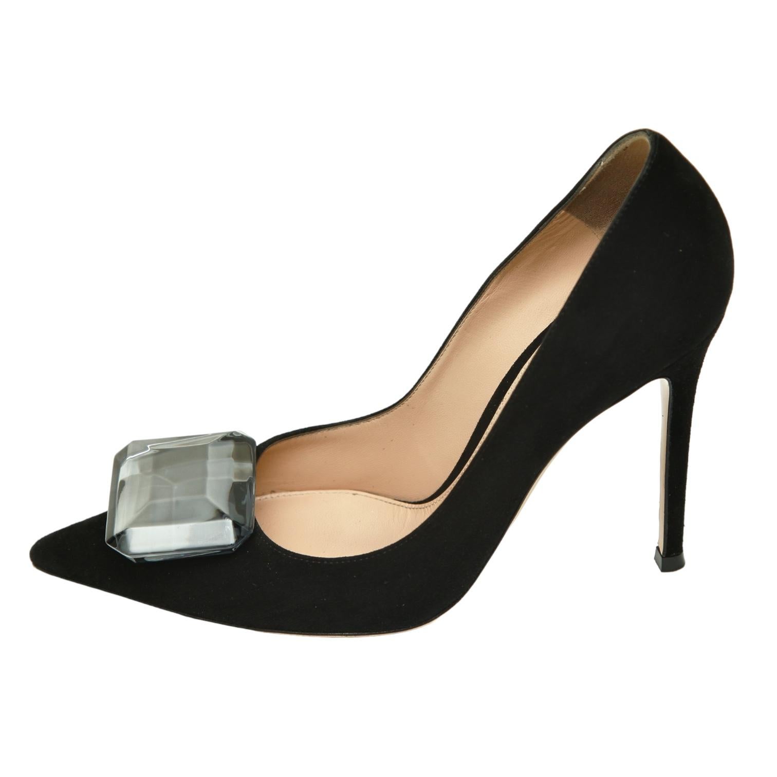 Women's GIANVITO ROSSI Black Suede Leather Pump JAIPUR Crystal Pointed Toe 38 $1200 For Sale