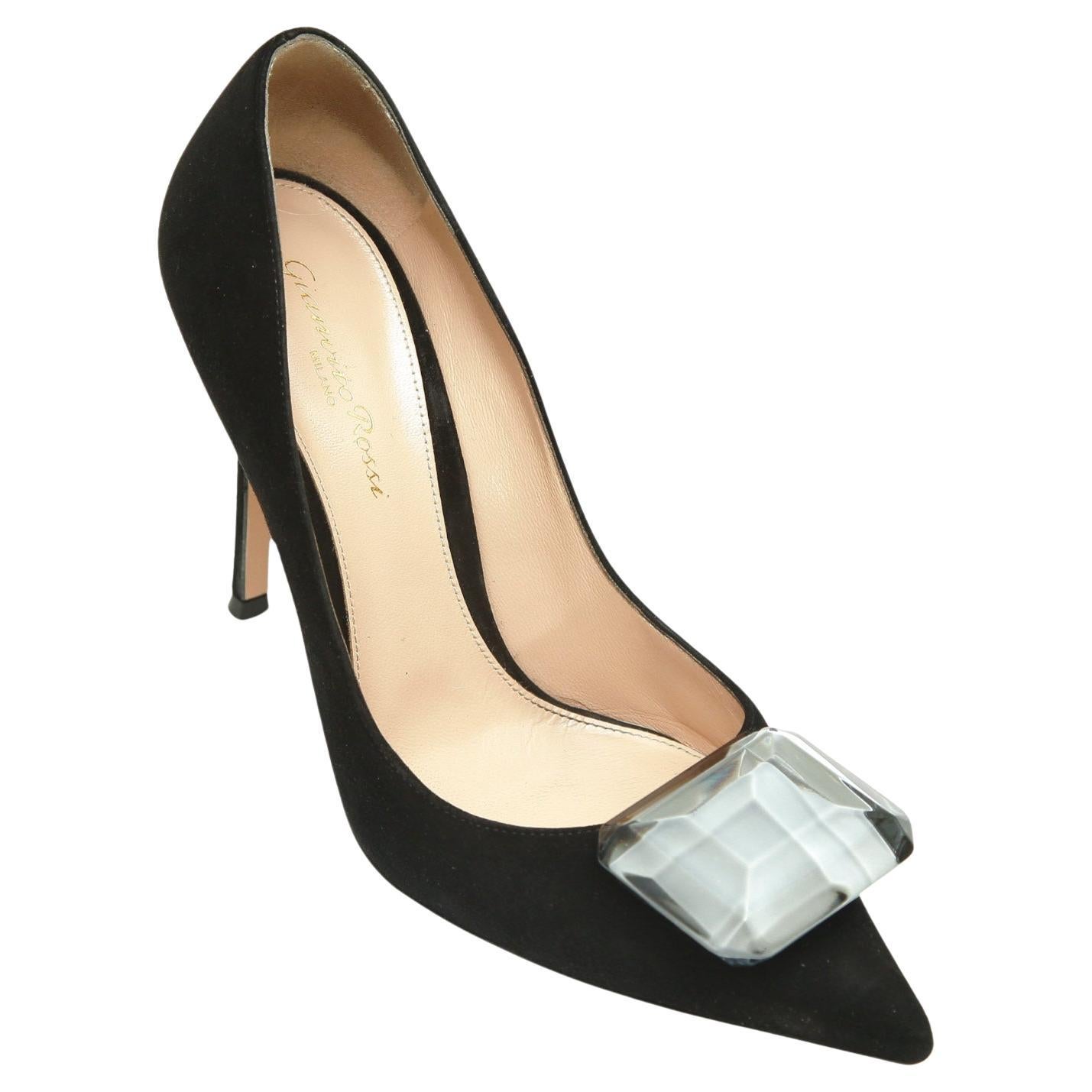 GIANVITO ROSSI Black Suede Leather Pump JAIPUR Crystal Pointed Toe 38 $1200 For Sale