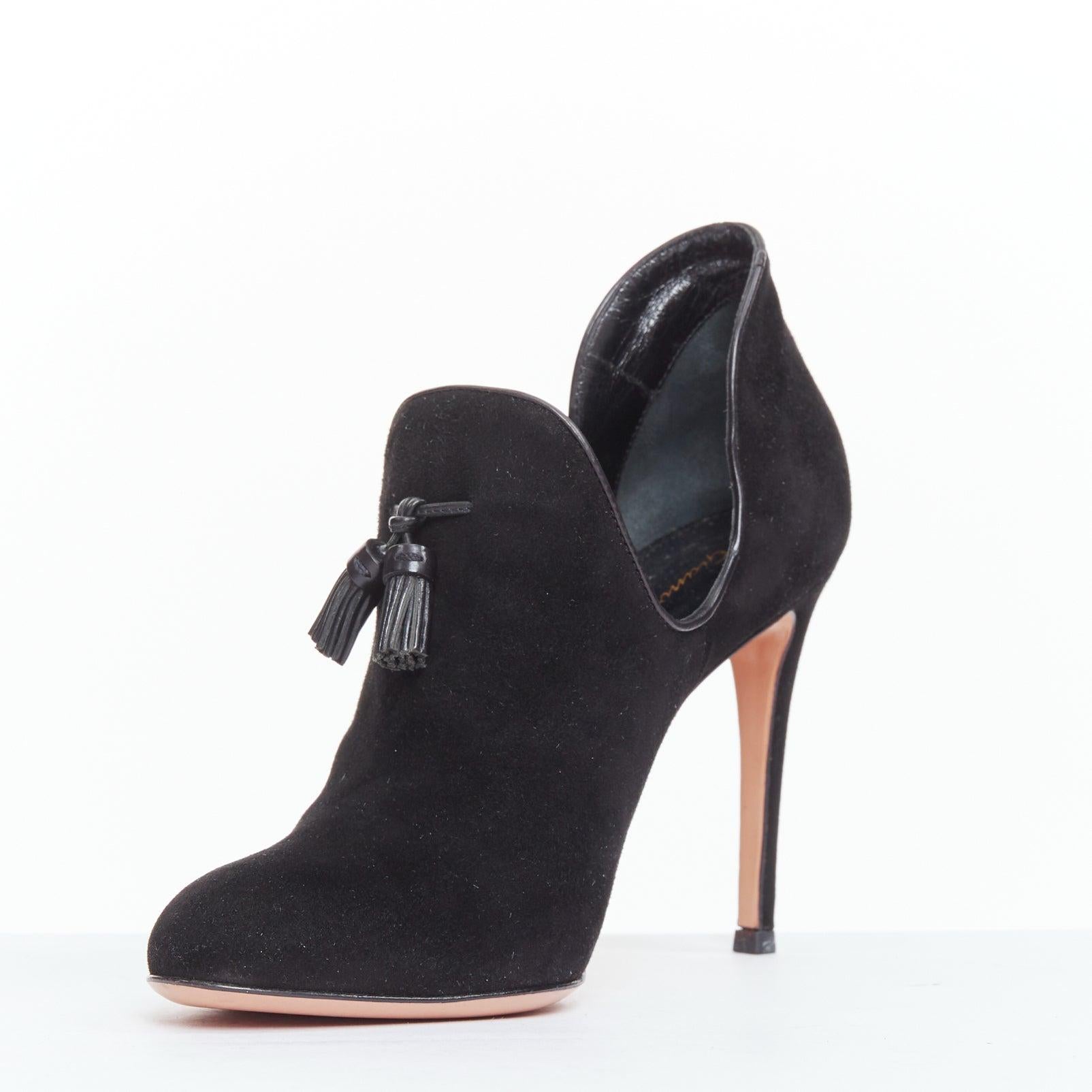 GIANVITO ROSSI black suede leather tassel front stiletto booties EU37.5 In Good Condition For Sale In Hong Kong, NT