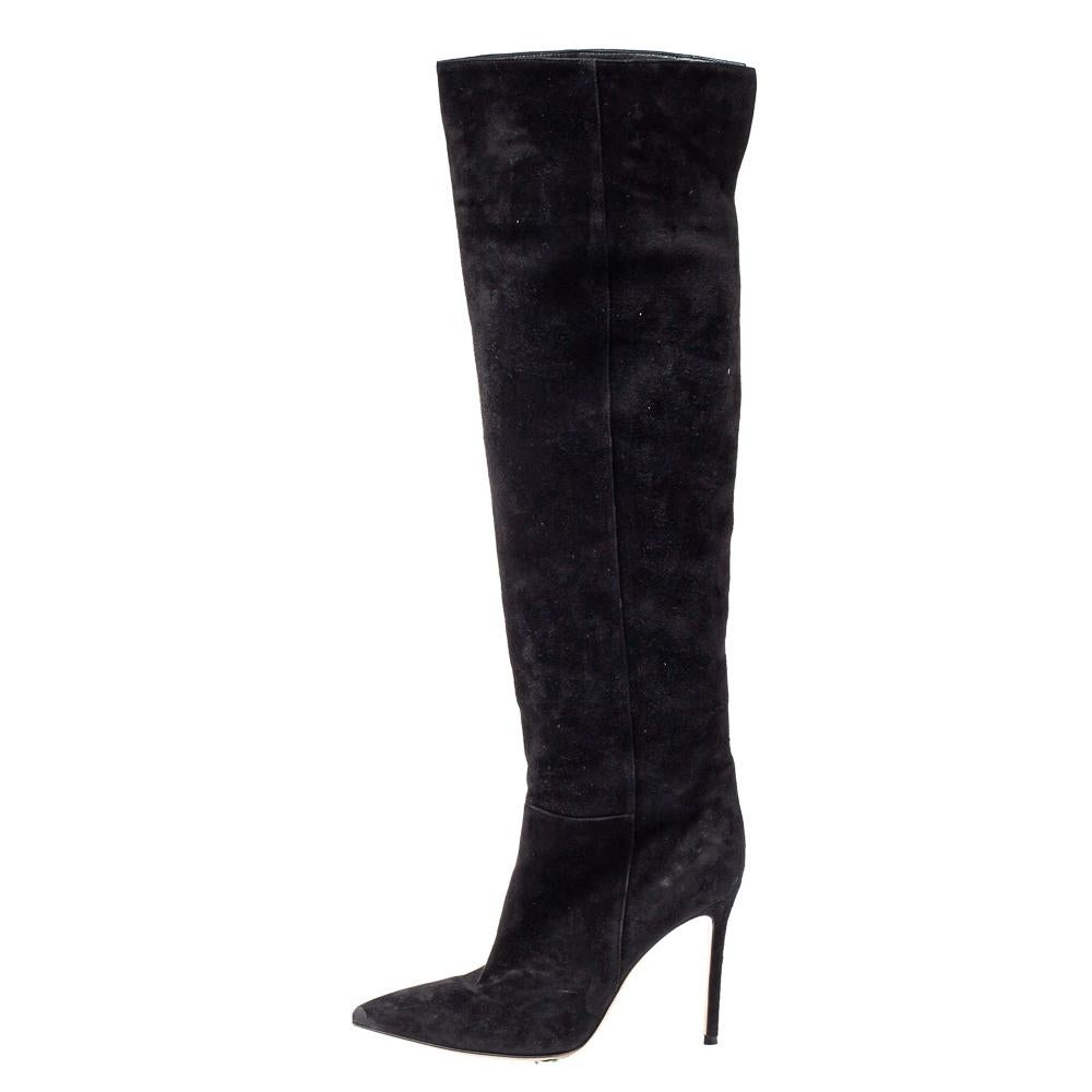 If you're looking to add a pair of over-the-knee boots to your collection, it should be these from Gianvito Rossi! The black boots are crafted from suede into a chic silhouette. They flaunt pointed toes, comfortable leather-lined insoles, and 10.5