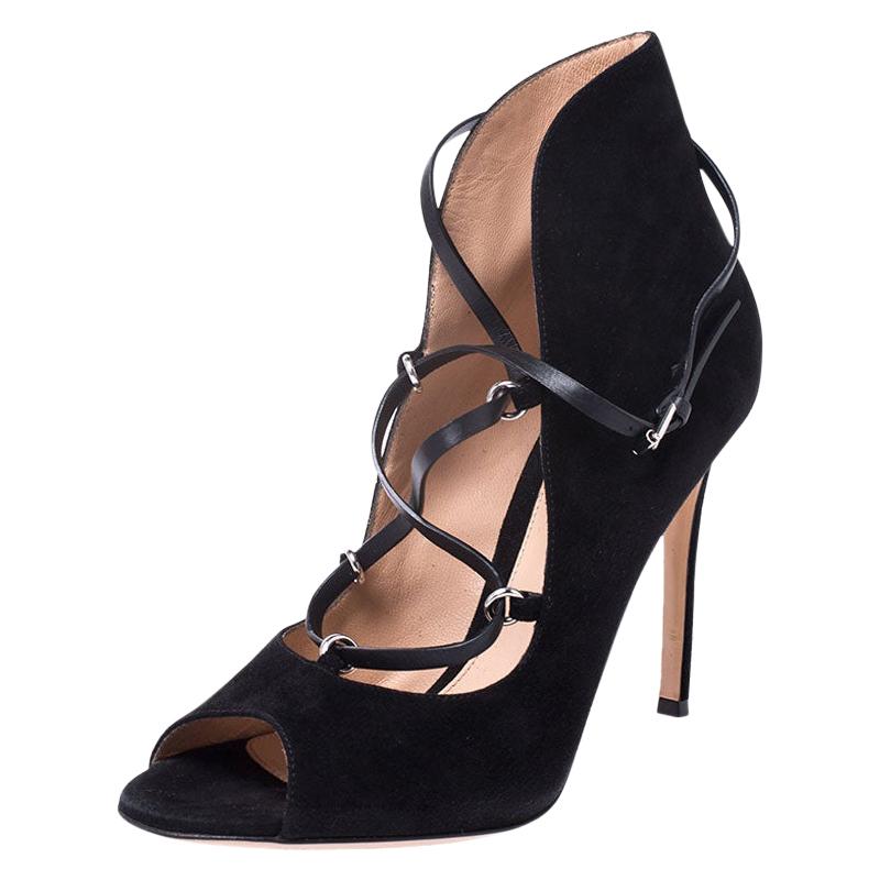 Gianvito Rossi Black Suede Peep Toe Lace Up Booties Size 38