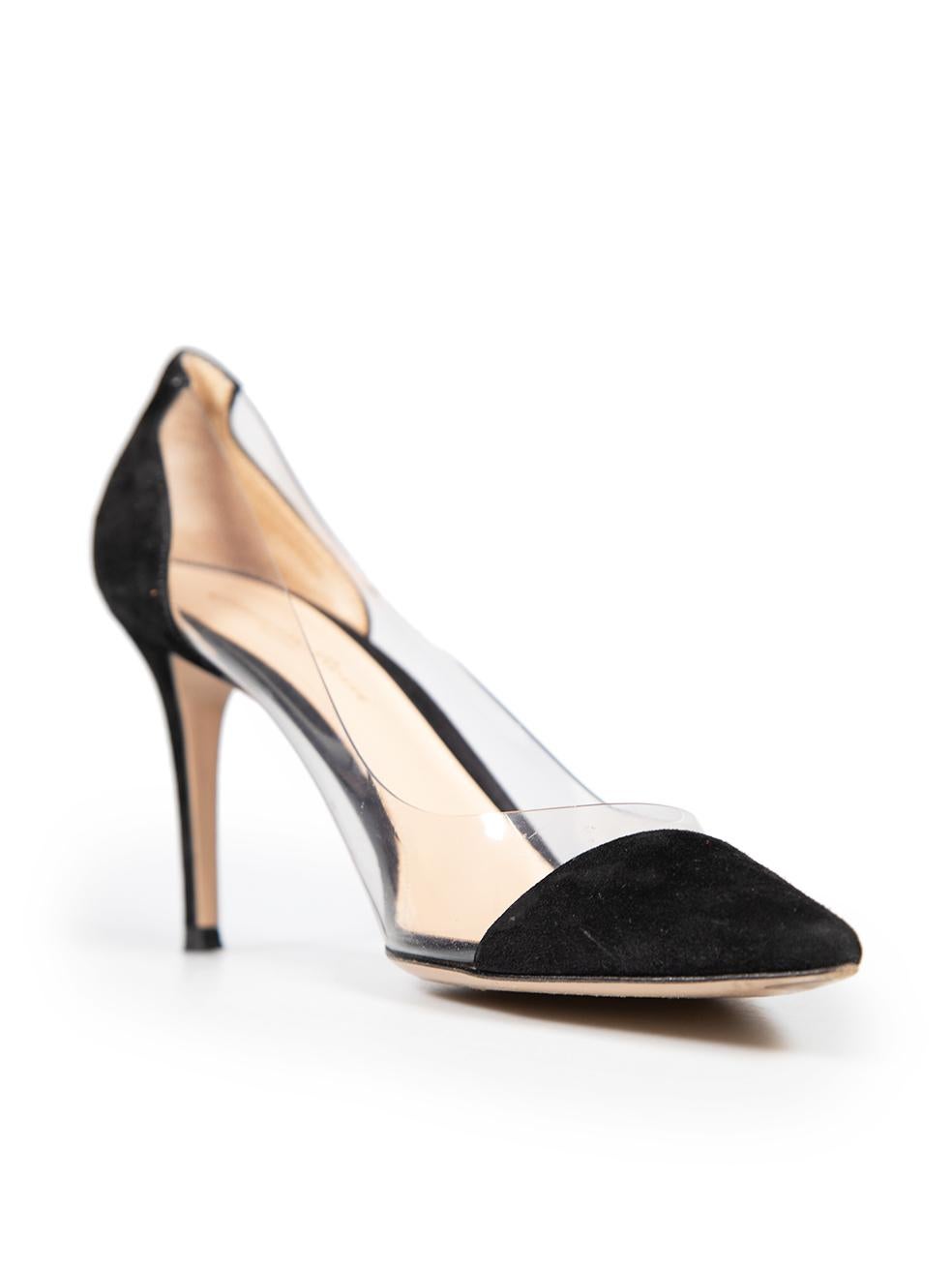 CONDITION is Very good. Minimal wear to the heels is evident. Abrasion to the PVC on the vamp and either sides of both shoes. Wear to the suede on the toe box, heel and counter of both shoes. Deterioration to both heel tips on this used Gianvito