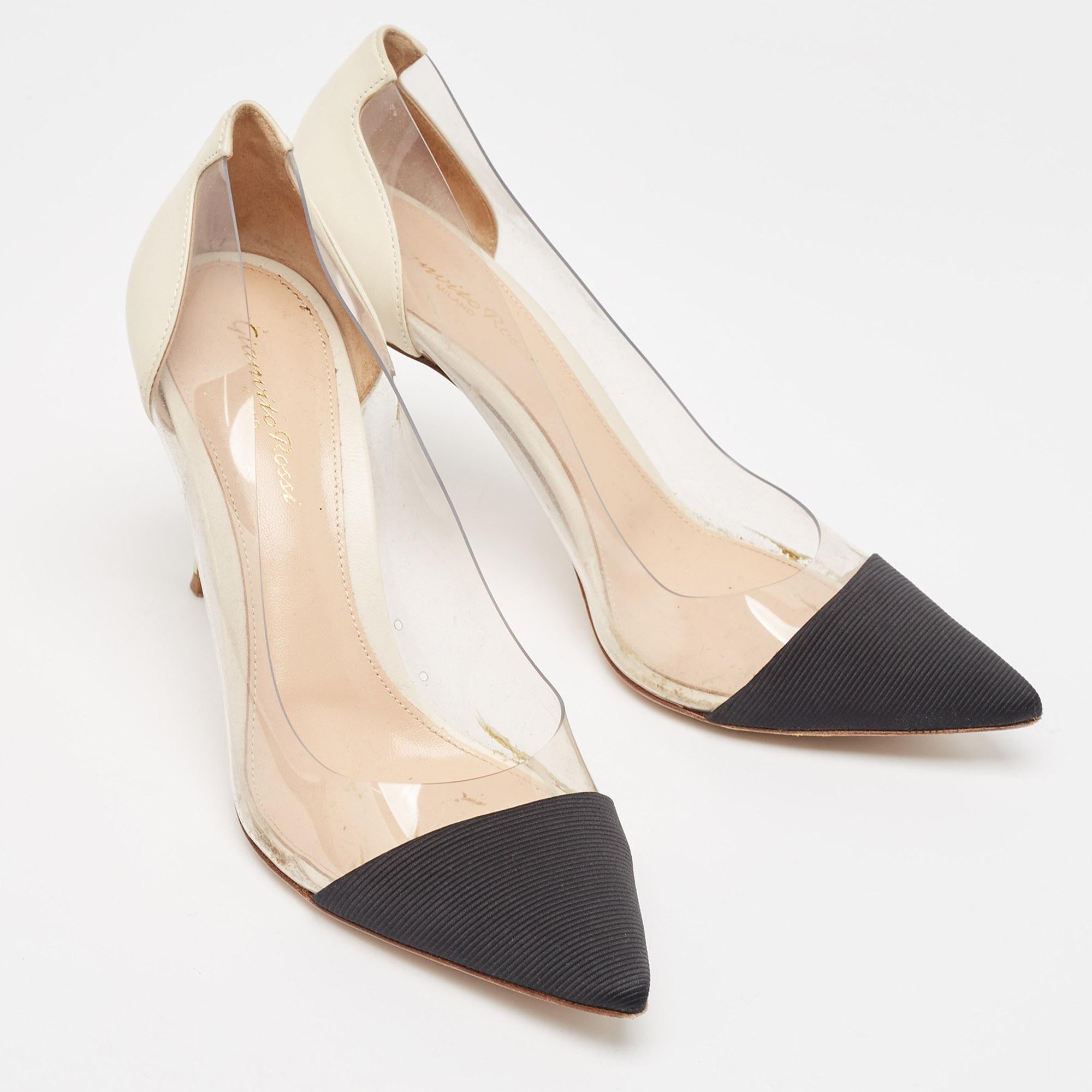 Gianvito Rossi Black/White Fabric  Leather and PVC Plexi Pumps Size 39 In Good Condition In Dubai, Al Qouz 2