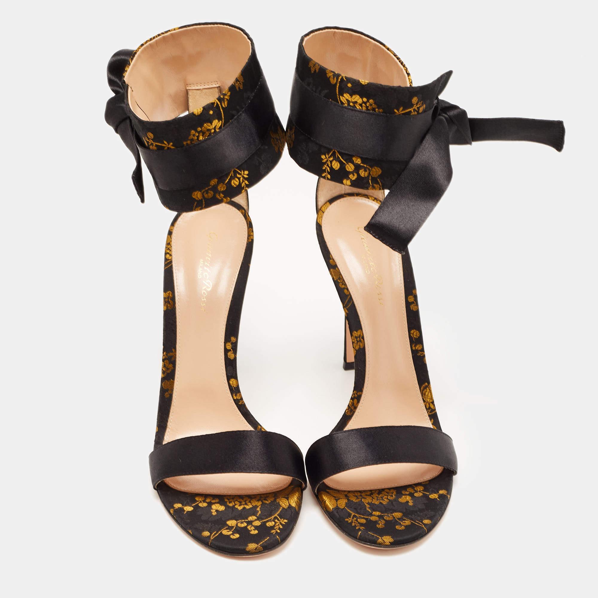 Women's Gianvito Rossi Black/Yellow Jacquard Fabric Ankle Strap Open Toe Sandals Size 42