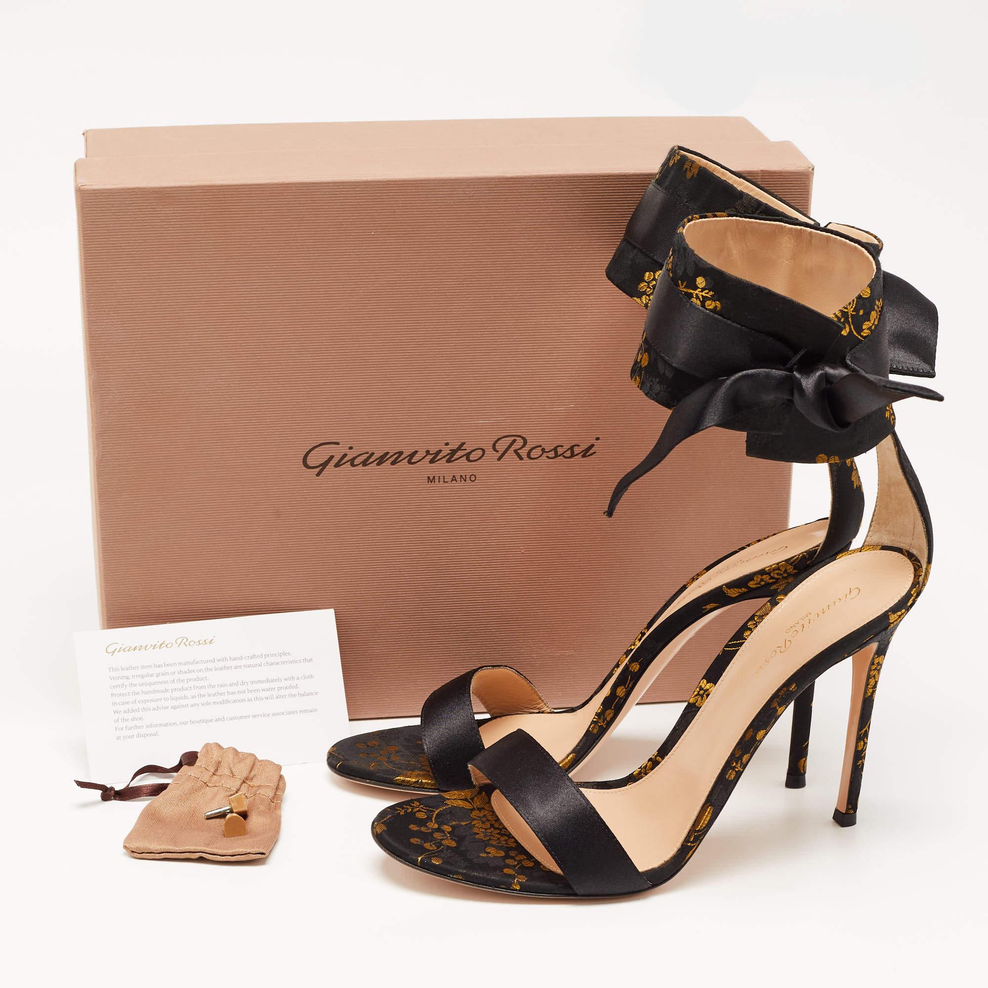 Gianvito Rossi Black/Yellow Jacquard Fabric Ankle Strap Open Toe Sandals Size 42 5