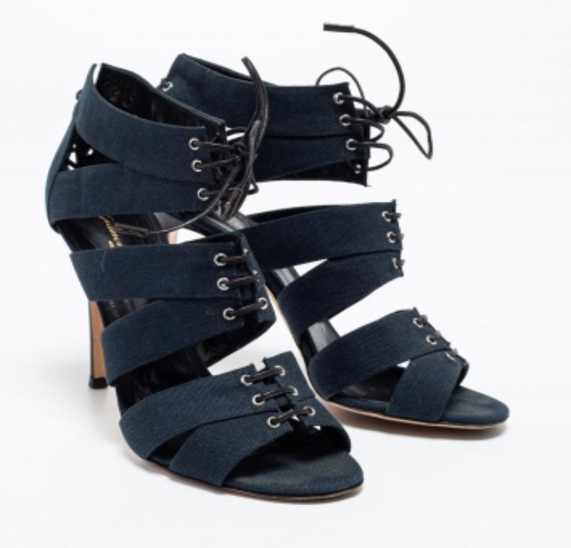 Gianvito Rossi - Sandales Roxy en toile bleue à lacets, taille 39,5 en vente 1
