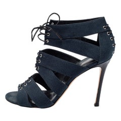 Gianvito Rossi Blue Canvas Lace Up Roxy Caged Sandals Size 39.5