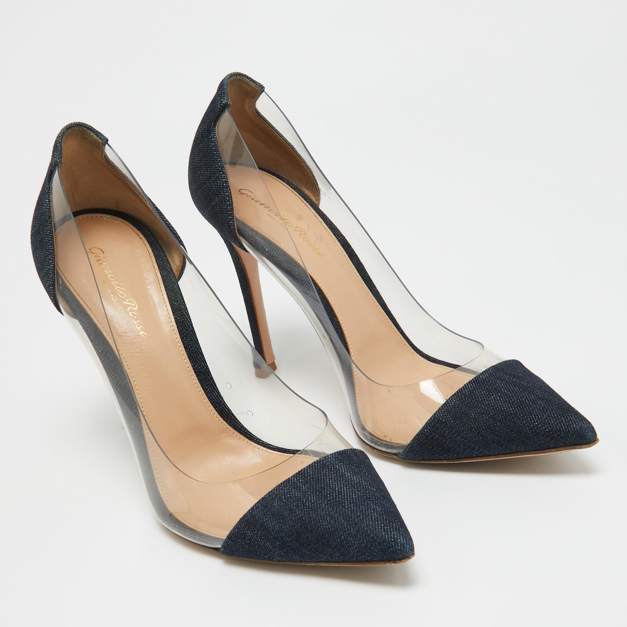 Beige Gianvito Rossi Blue Denim and PVC Plexi Pumps Size 38.5